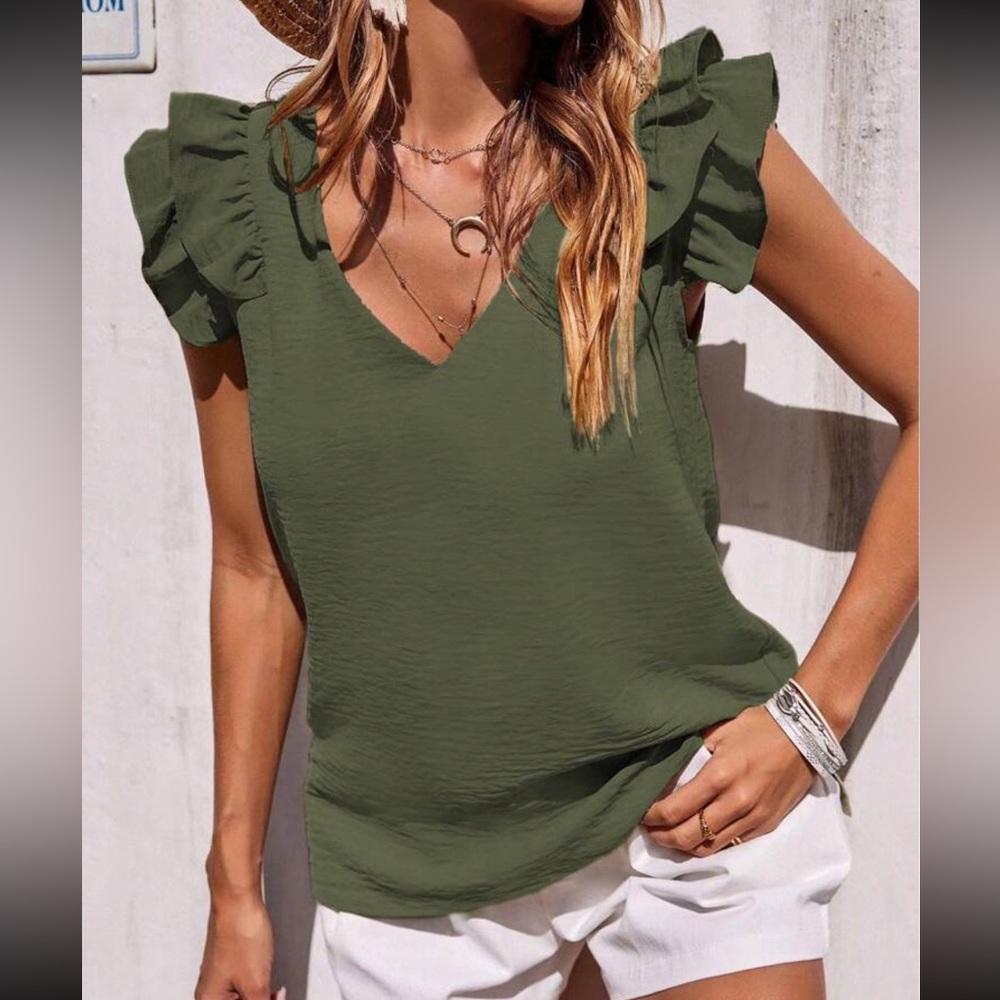 Luxe V neck ruffle trim blouse
